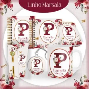 Conjunto de papelaria personalizada com letra P, motivos florais em tons vinho e dourado.