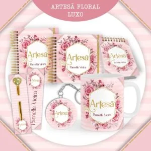 Coleção de itens personalizados com estampa floral rosa e detalhes dourados em fundo listrado.