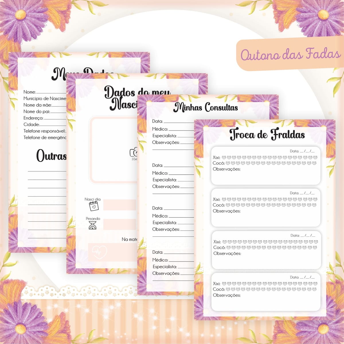 Kit digital encadernação baby tema fadas para álbum de bebê 2 Páginas digitais de diário de bebê com bordas florais roxas e laranjas, campos para preenchimento.