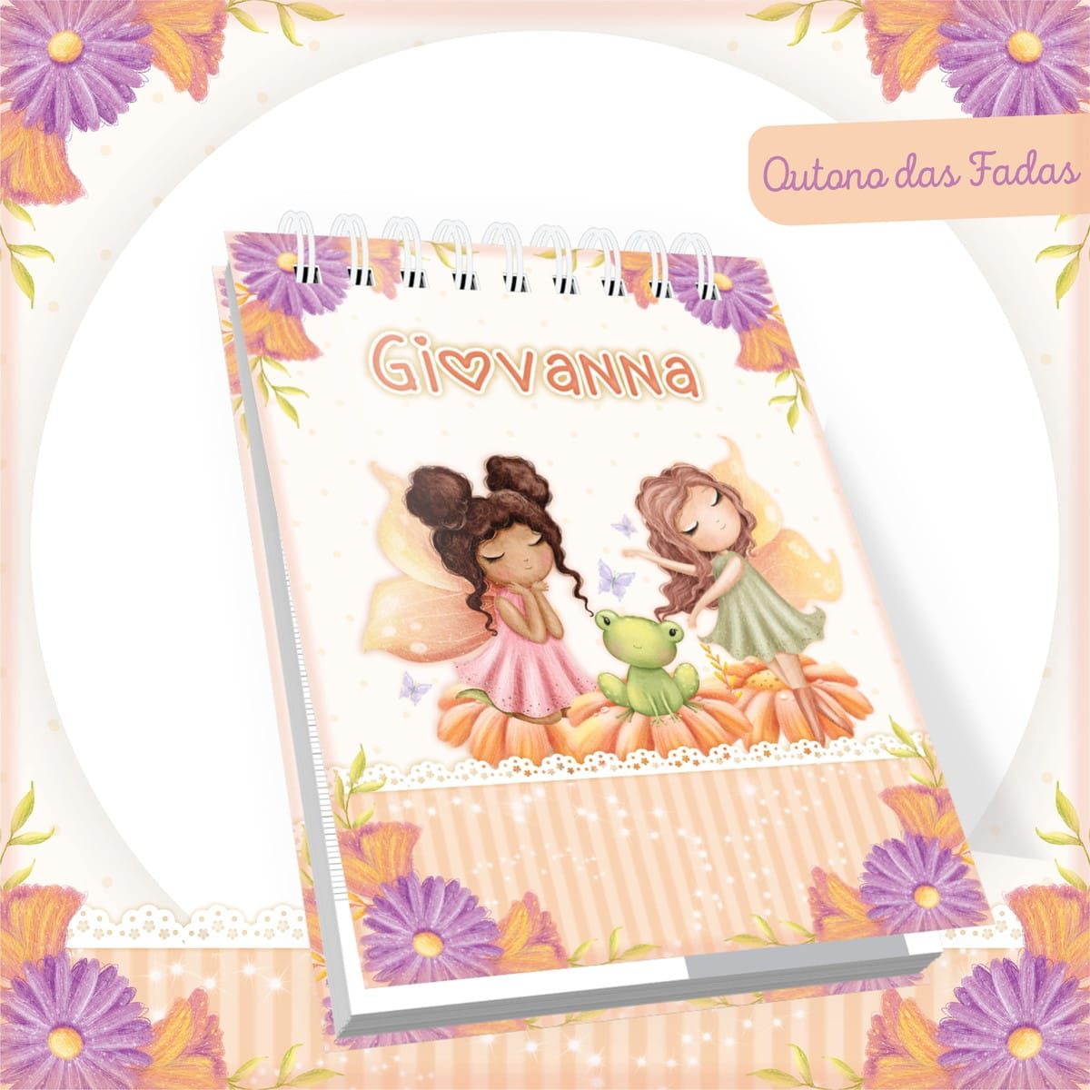 Kit digital encadernação baby tema fadas para álbum de bebê 4 Arte digital de capa com duas fadas, um sapo, borboletas e flores.