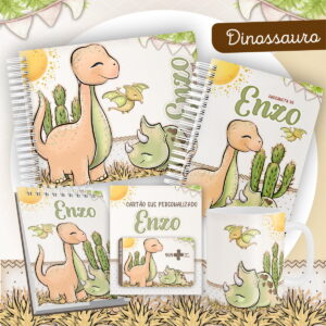 Arte digital com tema de dinossauros fofos e cactos em vários designs.