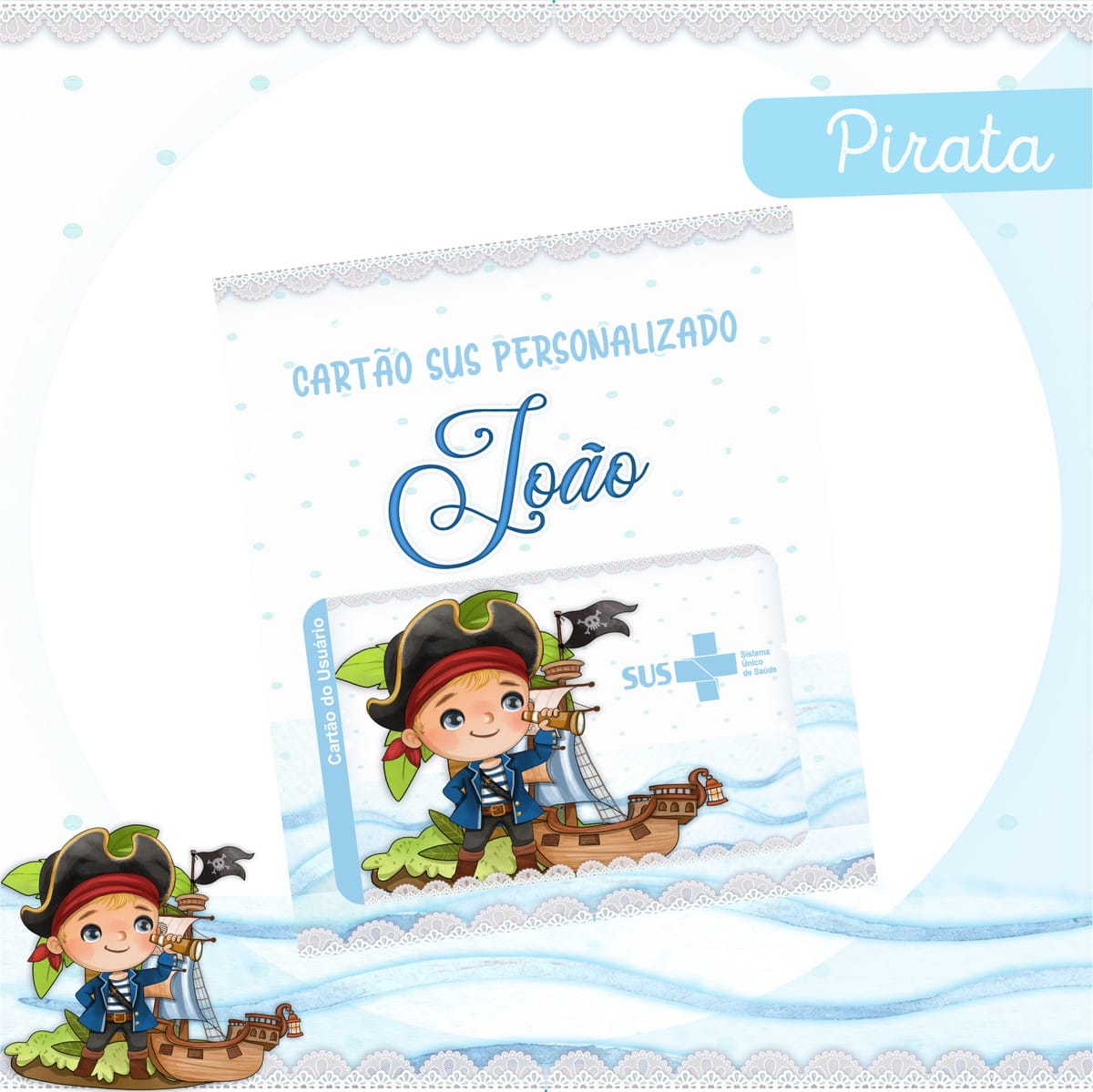 Kit Digital Bebê Pirata para Encadernação de Álbum 3 Arte digital de cartão SUS personalizado com tema pirata e ilustração de menino.