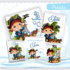 Arte digital de kit com tema pirata, menino e navio.