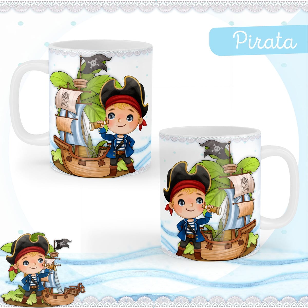Kit Digital Bebê Pirata para Encadernação de Álbum 4 Arte digital de pirata infantil com barco e bandeira. Tema festa.