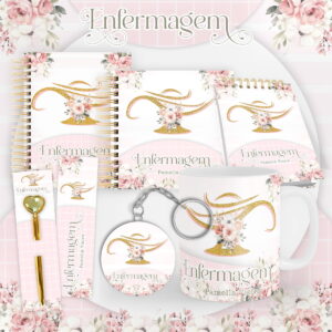 Conjunto de arte digital para enfermagem com design floral rosa e símbolo dourado.