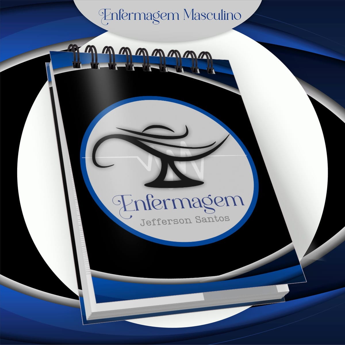 Kit Digital Enfermagem Masculina para Encadernação 3 Arte digital de caderno espiral com capa preta, logo de enfermagem e texto.