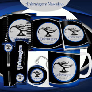 Arte digital de designs para itens de enfermagem masculino em preto e azul.