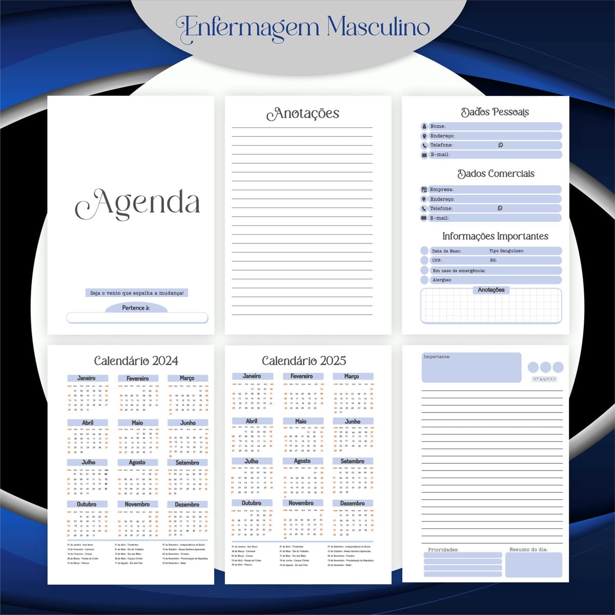 Kit Digital Enfermagem Masculina para Encadernação 4 Arte digital de agenda com tema de enfermagem masculino, mostrando várias páginas de planejamento.