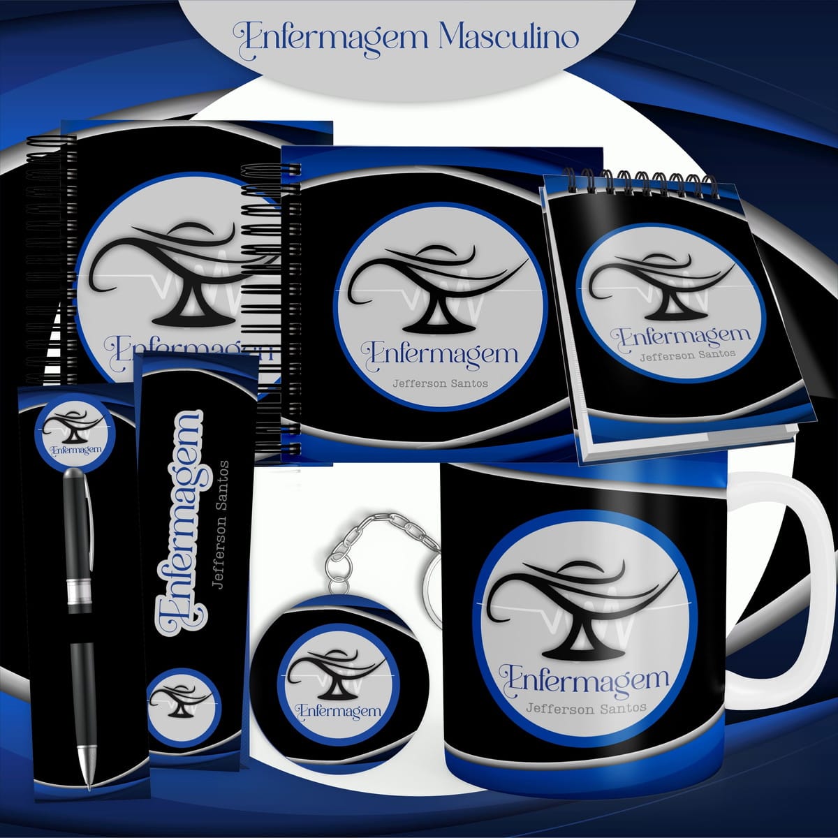Kit Digital Enfermagem Masculina para Encadernação 1 Arte digital de designs para itens de enfermagem masculino em preto e azul.