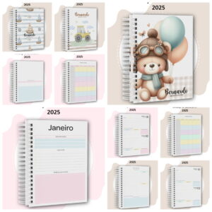 Arte digital de agendas escolares 2025 com capas e layouts internos variados.