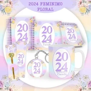 Kit de papelaria personalizado com estampa floral e data 2024 em fundo claro