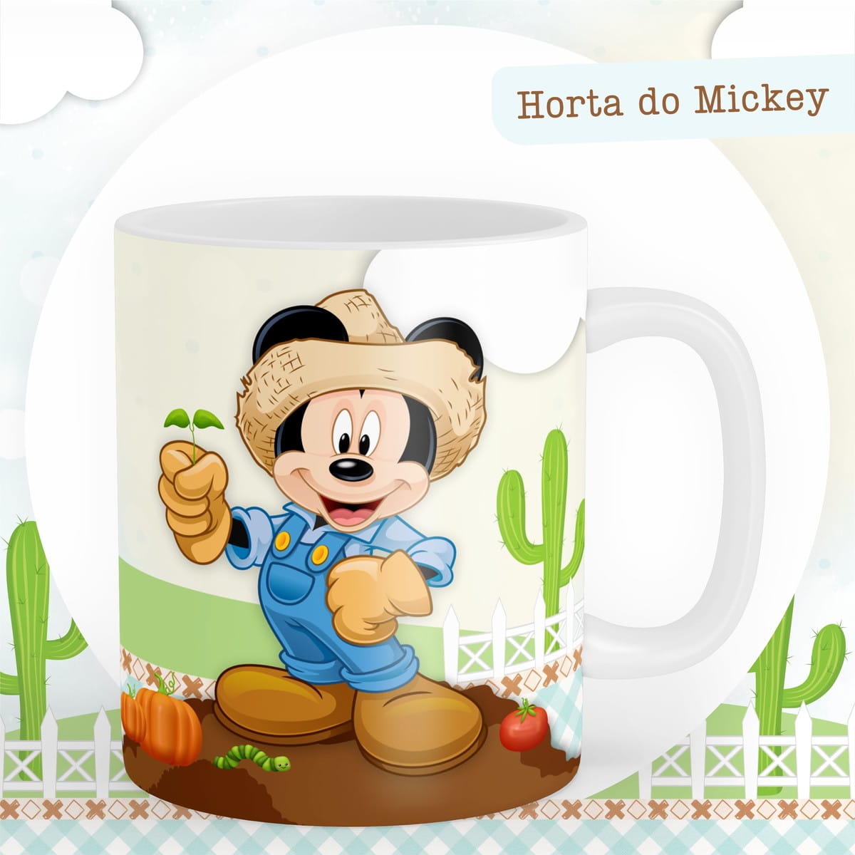 Kit Digital Horta do Mickey para Encadernação Infantil 2 Caneca branca com arte digital de personagem fazendeiro segurando broto em horta.