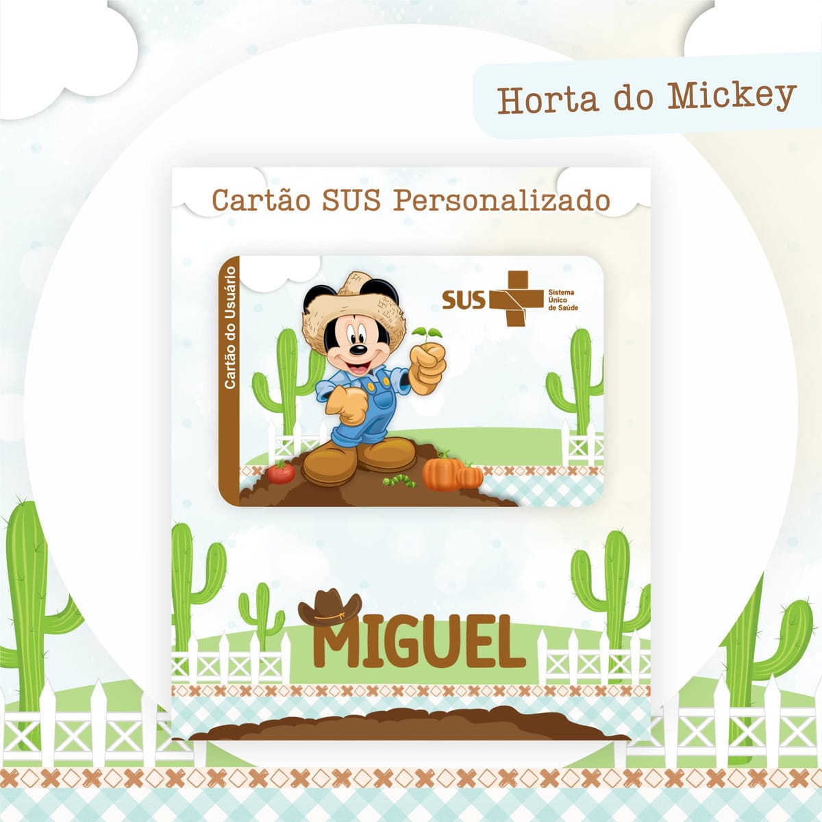 Kit Digital Horta do Mickey para Encadernação Infantil 3 Arte digital de um cartão SUS personalizado com personagem fazendeiro e plantas.