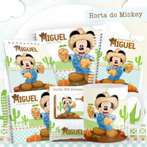 Arte digital infantil com personagem fazendeiro em livros, caderneta, caneca e cartão.