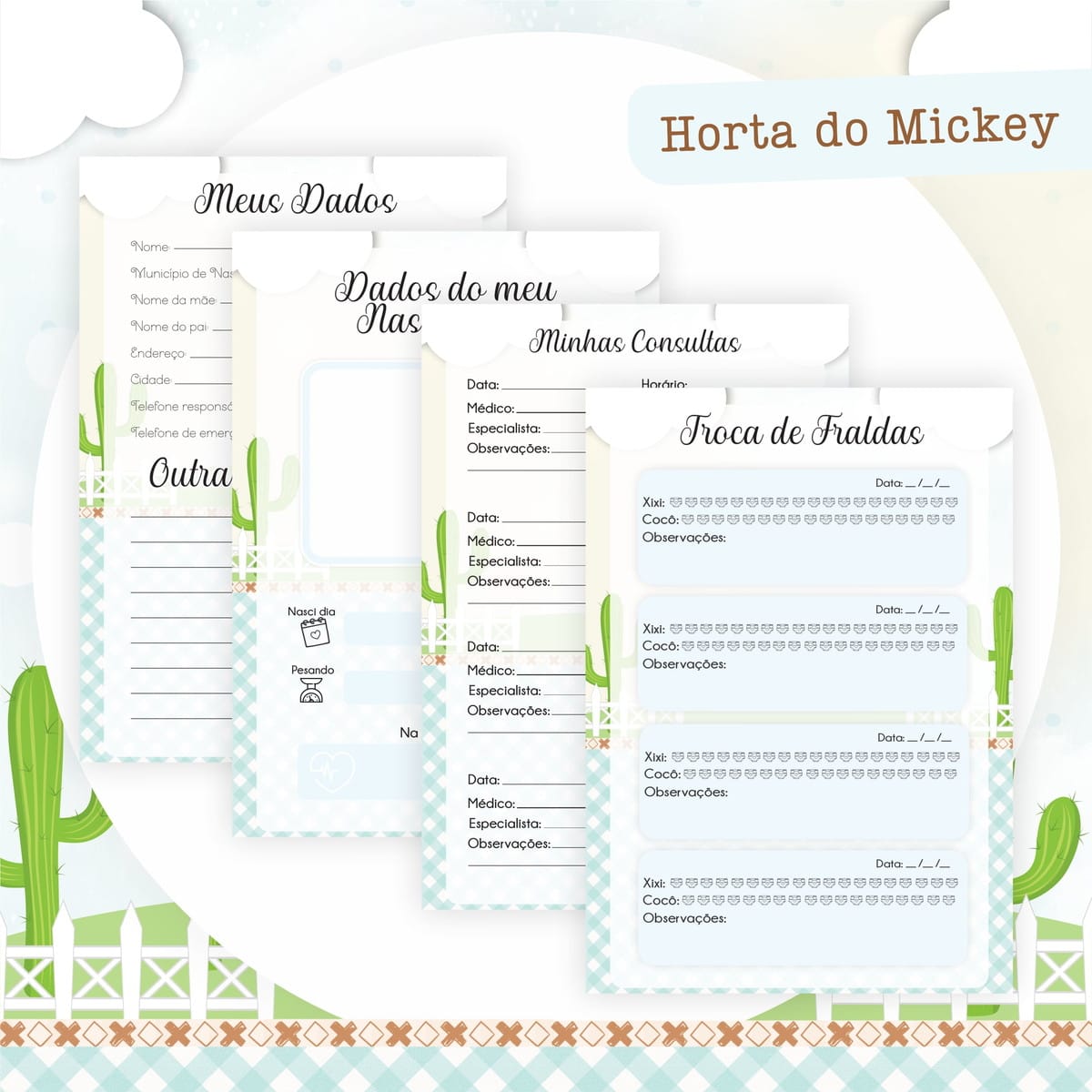 Kit Digital Horta do Mickey para Encadernação Infantil 4 Páginas de planner digital infantil com seções para dados, consultas e troca de fraldas, tema fazenda.