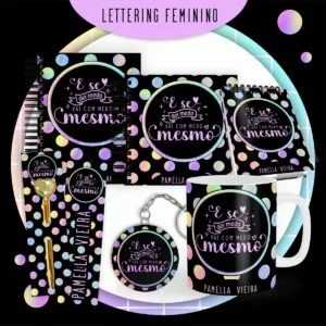 Coleção de itens personalizados com estampa de círculos coloridos e frase motivacional em destaque.