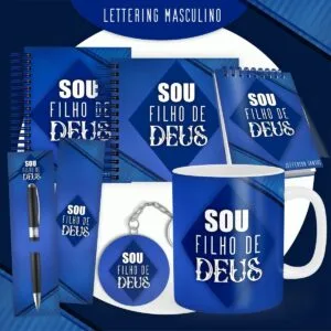 Coleção de itens azuis com frase religiosa estampada em fundo gradiente.