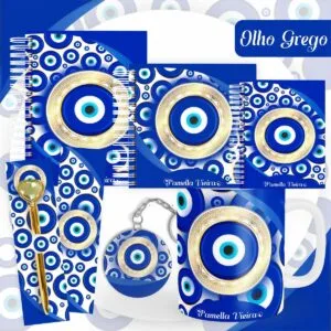 Coleção de itens personalizados com estampa azul de olho grego e detalhes dourados.