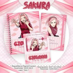 Kit de papelaria personalizada com temática de anime em tons de rosa e branco.