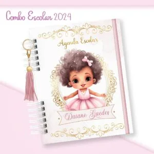 Agenda escolar com ilustração de menina negra em moldura dourada sobre fundo rosa claro.