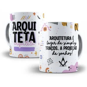 Duas canecas brancas com estampas temáticas de arquitetura em tons pastéis e pretos.