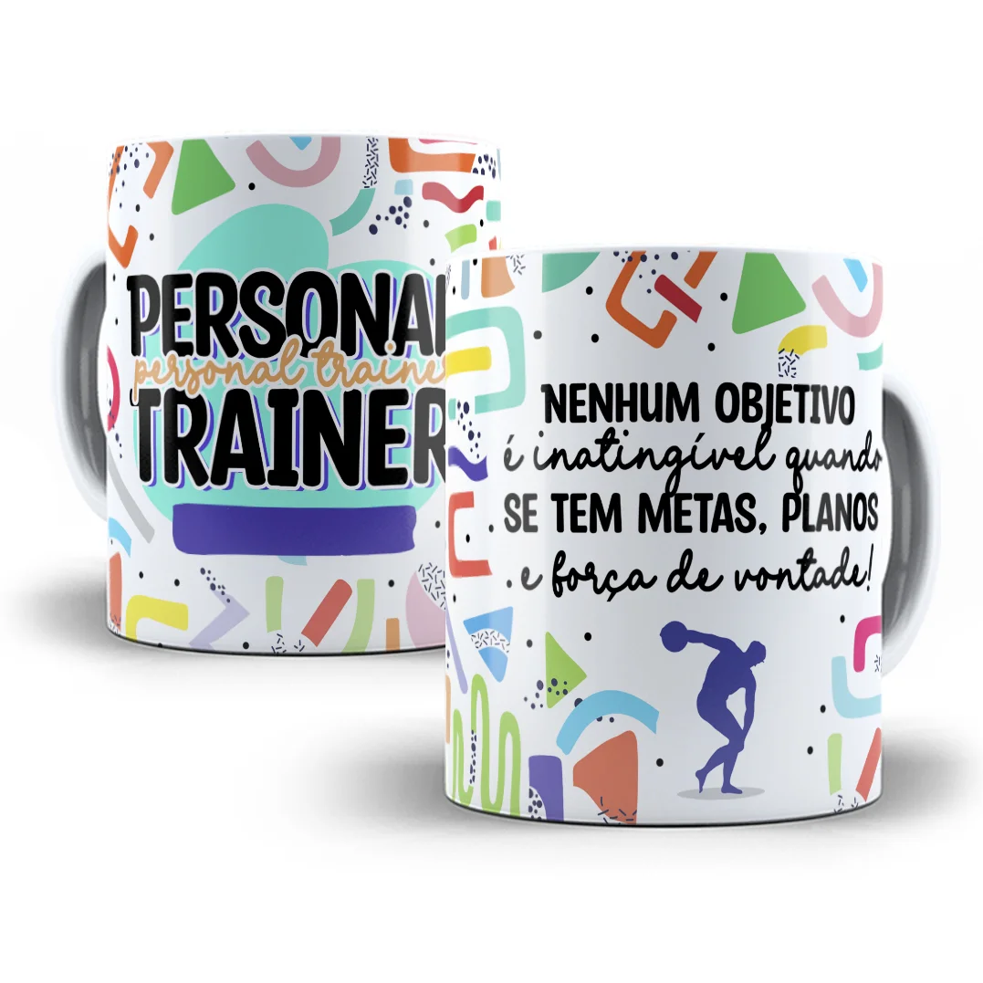 Duas canecas brancas com estampas coloridas contendo frases motivacionais sobre treino e educação física.