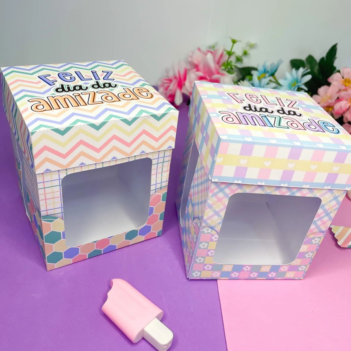 Duas caixas de papelão coloridas com visor transparente e tampa estampada.
