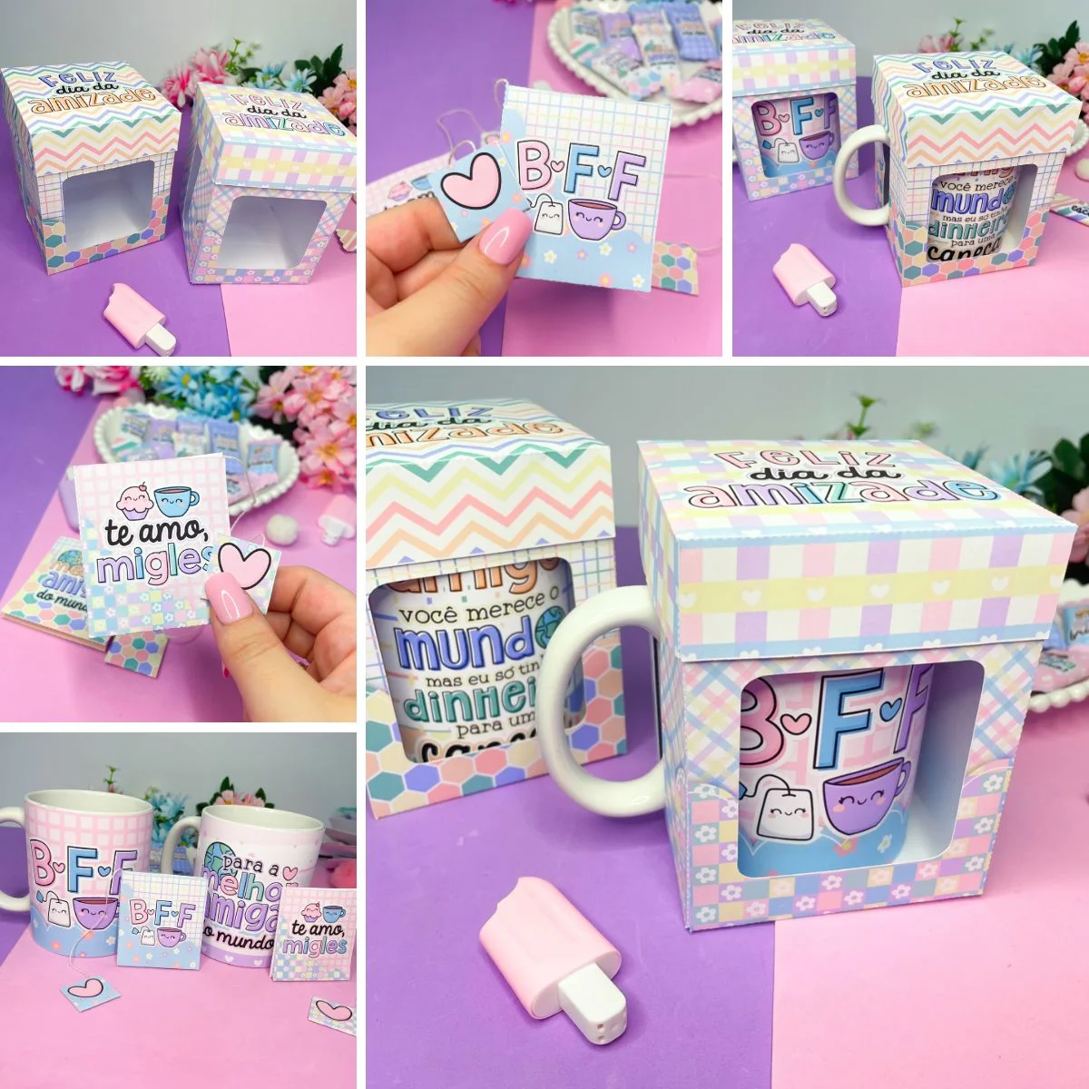 Caixas de papel decoradas e canecas personalizadas com tags de amizade em fundo lilás