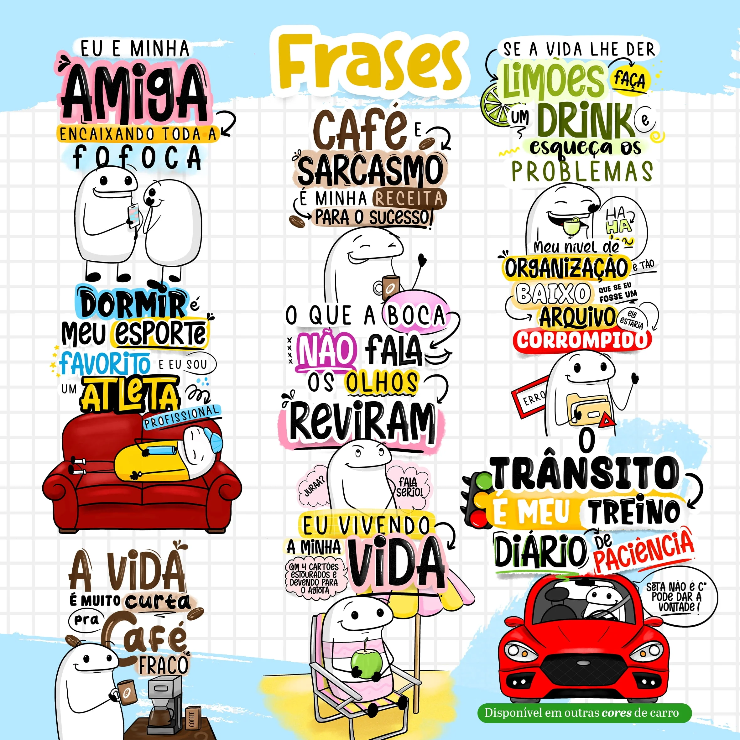Estampas Caneca Flork Frases Engraçadas Amizade Subimação 5 Ilustrações digitais com frases em português e personagens engraçados em fundo quadriculado.