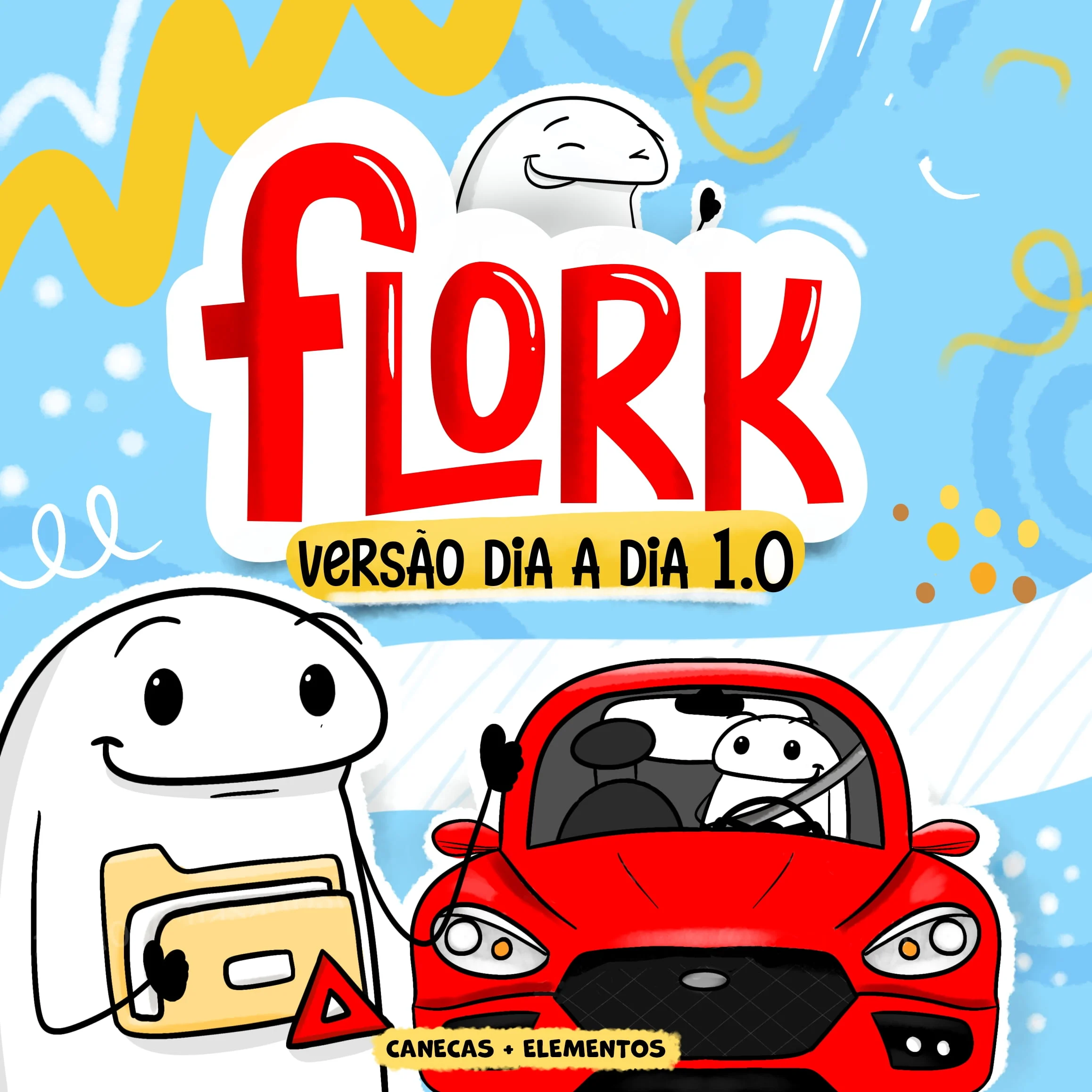 Estampas Caneca Flork Frases Engraçadas Amizade Subimação 4 Arte digital com personagem branco animado, carro vermelho e fundo azul.