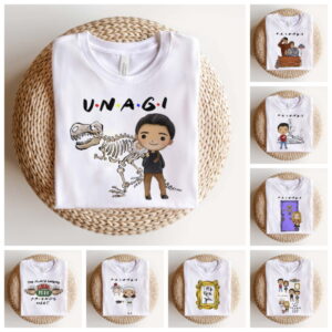 Coleção de estampas digitais em camisetas brancas com ilustrações de figuras e textos variados.