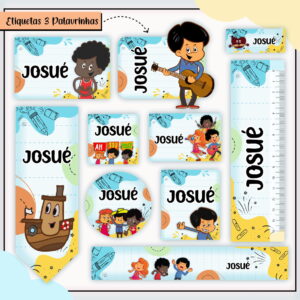 Arte digital com diversas etiquetas infantis personalizadas com o nome "Josué" e desenhos.