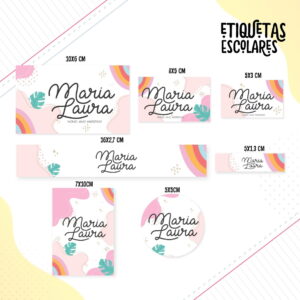 Arte digital de etiquetas escolares com design de arco-íris, folhas e formas abstratas.