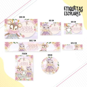 Arte digital de etiquetas escolares com veado e coelho em vestidos, rodeados por flores.