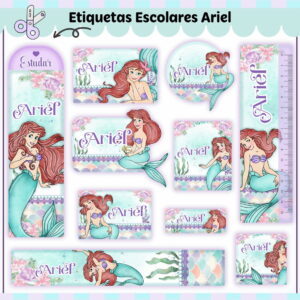 Arte digital de etiquetas escolares com sereia em várias poses e designs florais.