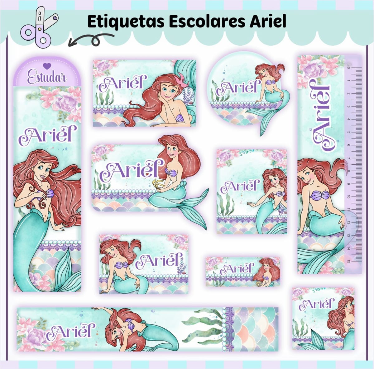 Etiqueta Escolar Ariel Menina Arquivo Digital para Imprimir 1 Arte digital de etiquetas escolares com sereia em várias poses e designs florais.