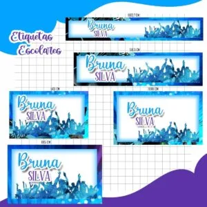 Conjunto de etiquetas escolares personalizadas com tons de azul e silhuetas de pessoas.