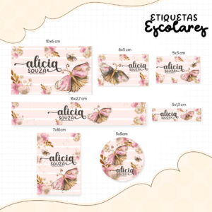 Arte digital de etiquetas escolares em vários formatos com borboleta e flores.