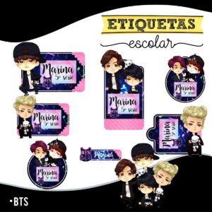Etiqueta Escolar BTS Chibi Arquivo para Personalizar 14 Arte digital de etiquetas escolares personalizadas com personagens estilo chibi, tema BTS e nome Marina.