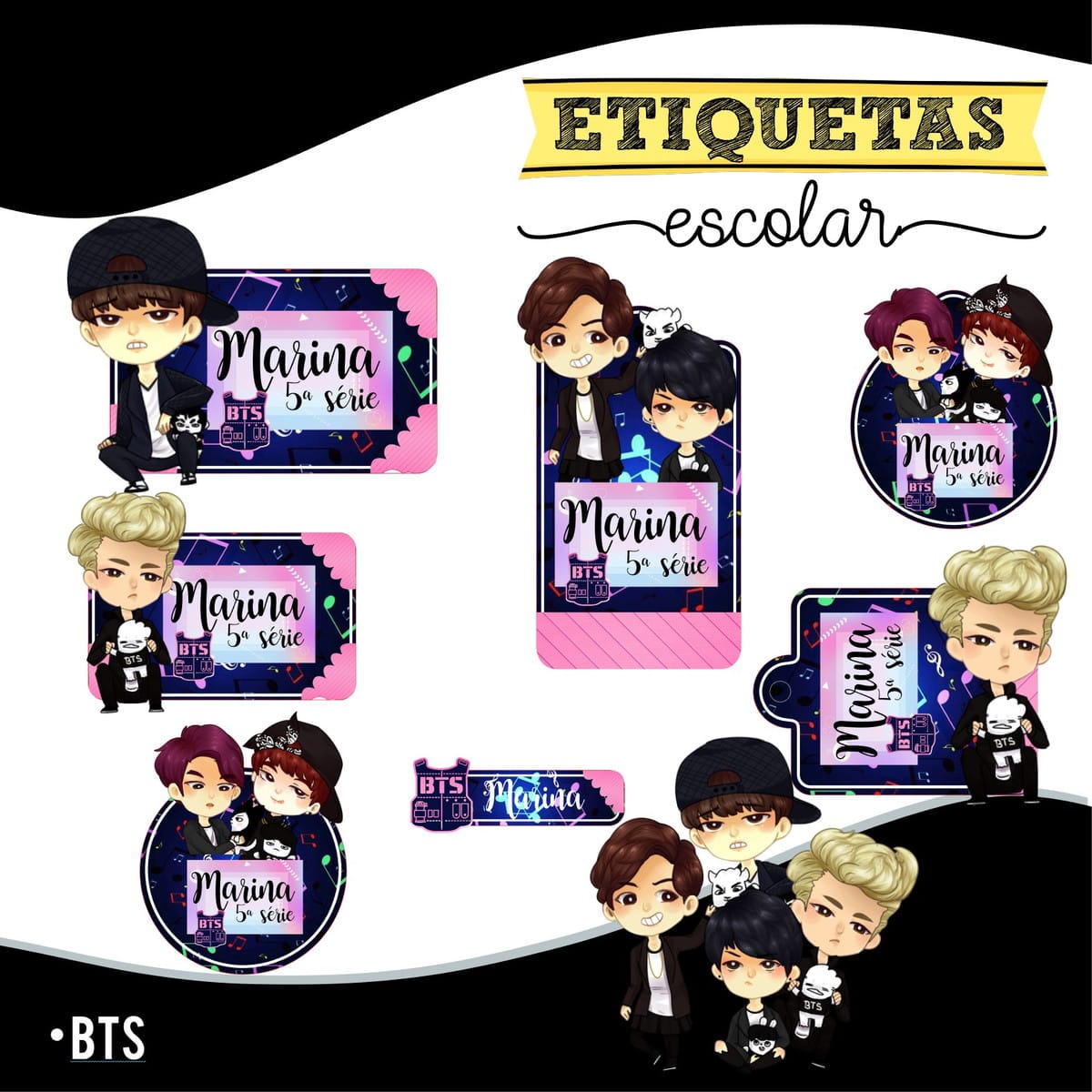 Etiqueta Escolar BTS Chibi Arquivo para Personalizar 1 Arte digital de etiquetas escolares personalizadas com personagens estilo chibi, tema BTS e nome Marina.