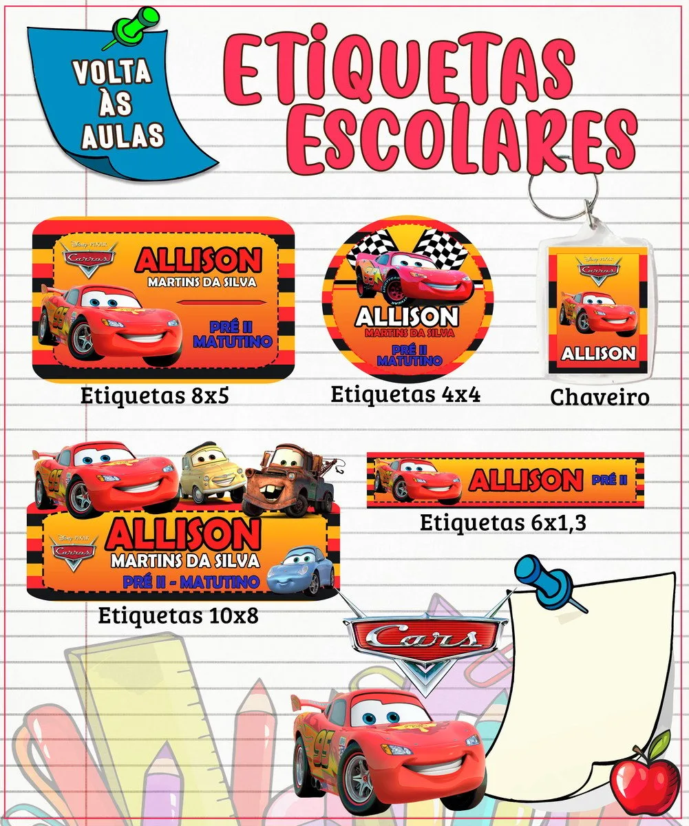 Etiqueta Escolar Carros Disney - Arquivo Digital 3 Etiqueta Escolar Carros Disney - Arquivo Digital