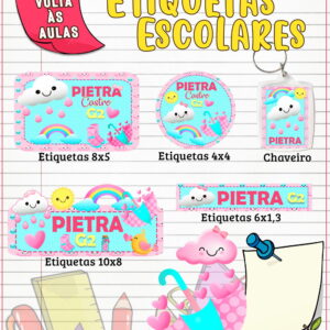 Arte digital de etiquetas escolares com tema de nuvem e arco-íris para volta às aulas.