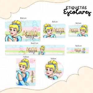 Arte digital para etiquetas escolares com personagem feminina loira e texto personalizável em vários formatos.