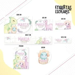 Etiqueta Escolar Dino Menina - Arquivo Digital 15 Coleção de etiquetas escolares personalizadas com desenhos de dinossauros fofos e tons pastéis.