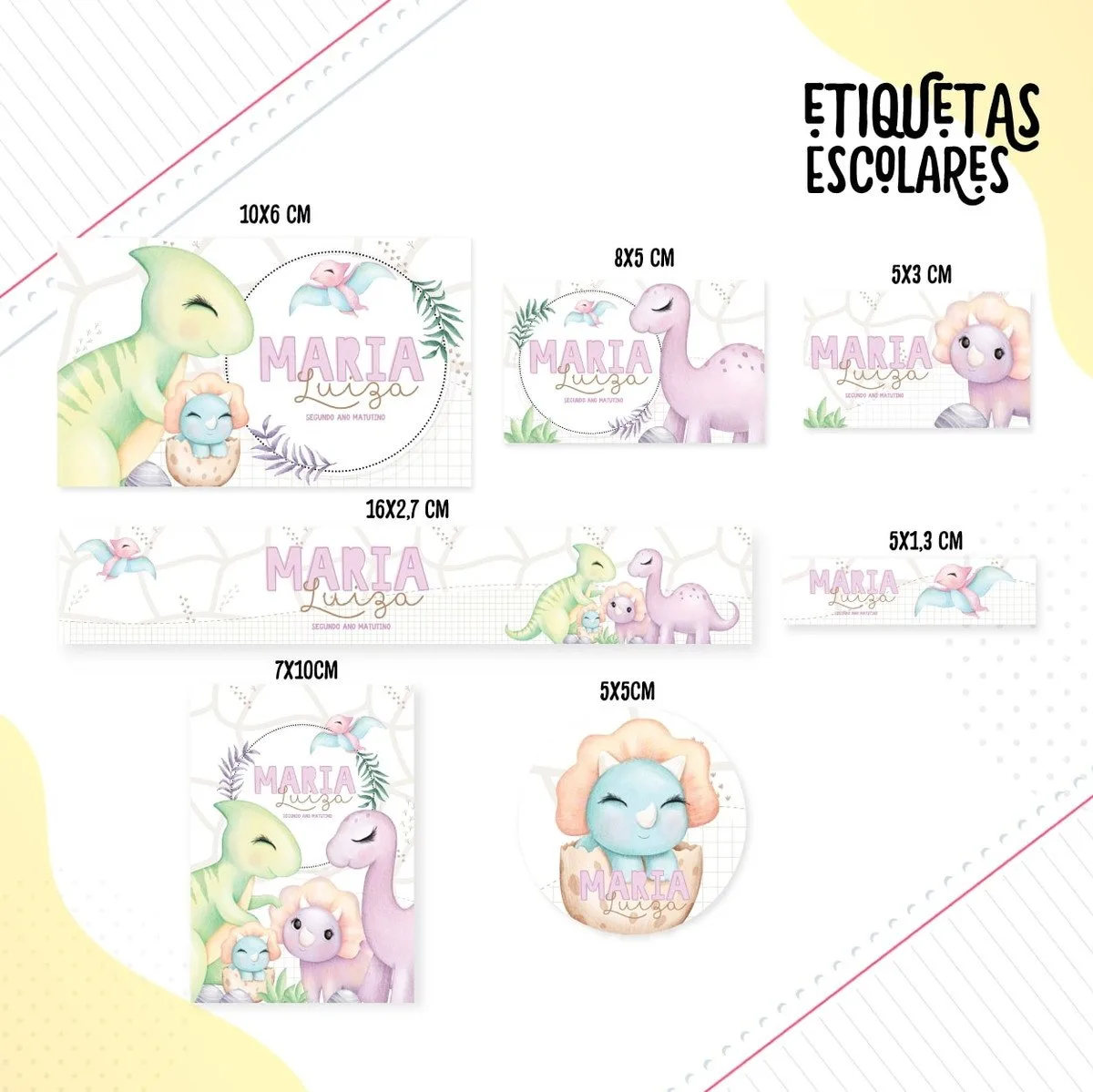Coleção de etiquetas escolares personalizadas com desenhos de dinossauros fofos e tons pastéis.