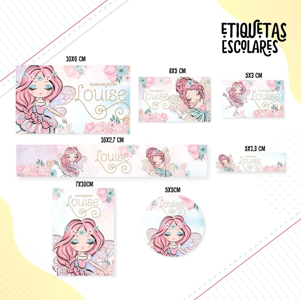 Conjunto de etiquetas escolares personalizadas com ilustrações de fada e flores delicadas.