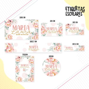 Etiquetas digitais escolares em variados formatos com design floral e texto personalizável.
