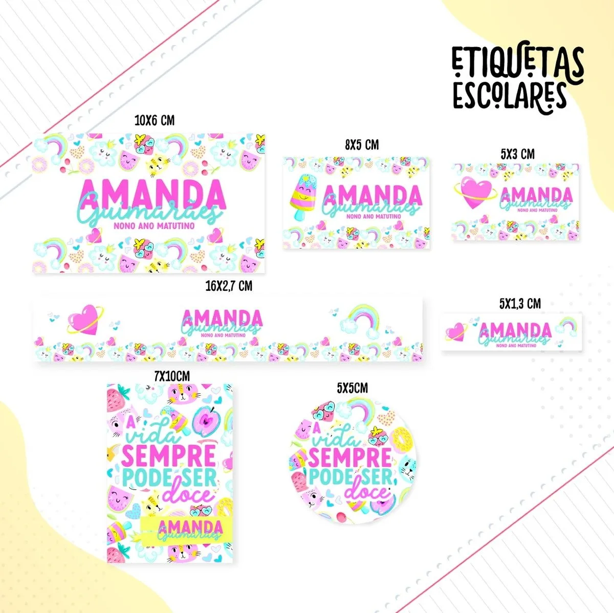 Coleção de etiquetas escolares personalizadas com desenhos coloridos e fofos sobre fundo branco.
