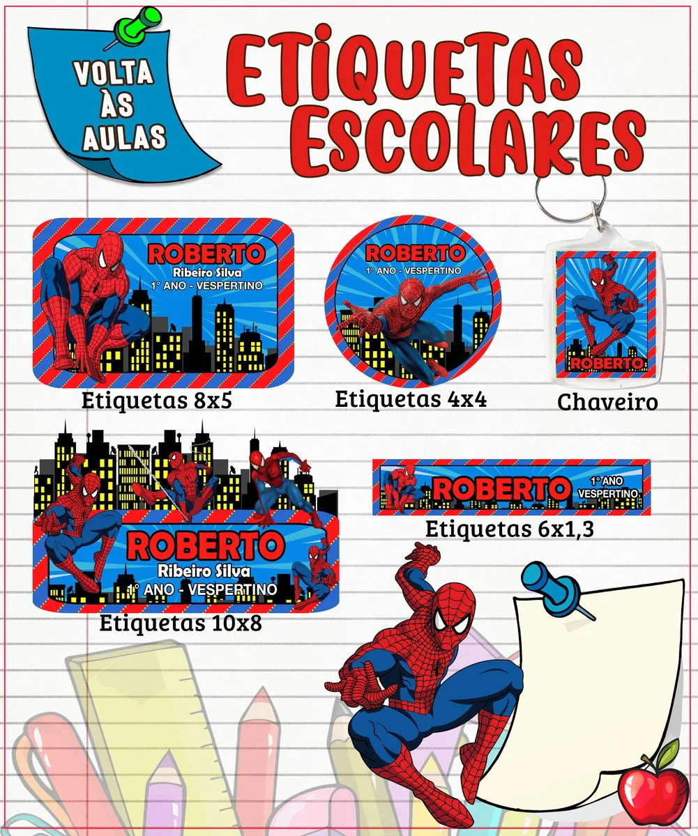 Etiqueta Escolar Homem Aranha - Arquivo Digital 1 Etiqueta Escolar Homem Aranha - Arquivo Digital