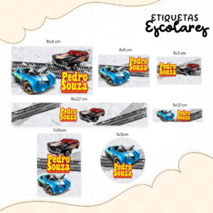 Etiquetas escolares digitais com carros de corrida e texto 'Sexto Ano Matutino' em vários formatos.